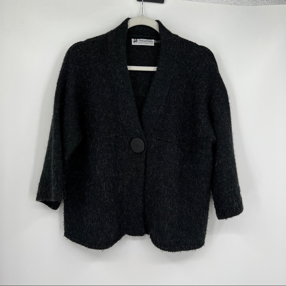 Nagasha Cropped Knit Black Single Button Quarter Sleeve Wool Cardigan Sweater
